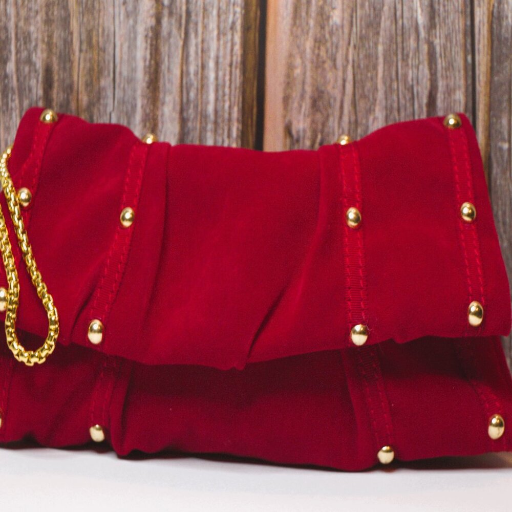 Red Velvet Wristlet with Gold Chain & Studs Snap Closure